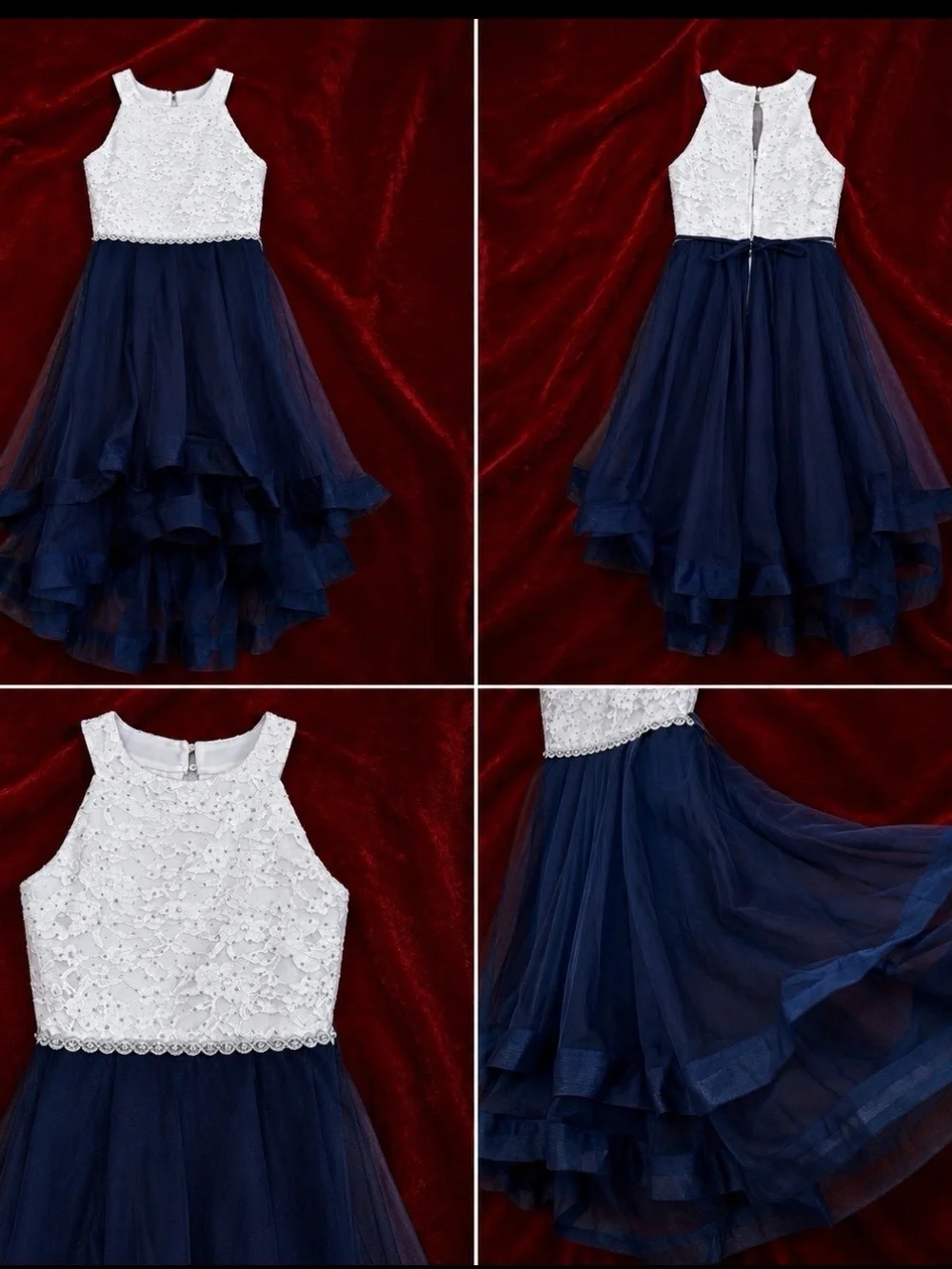Speechless White Lace and Navy Tulle High-Low Formal Dress
